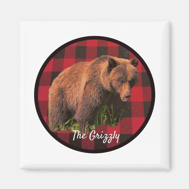 Great Grizzly Bear Buffalo Plaid Magnet (Front)