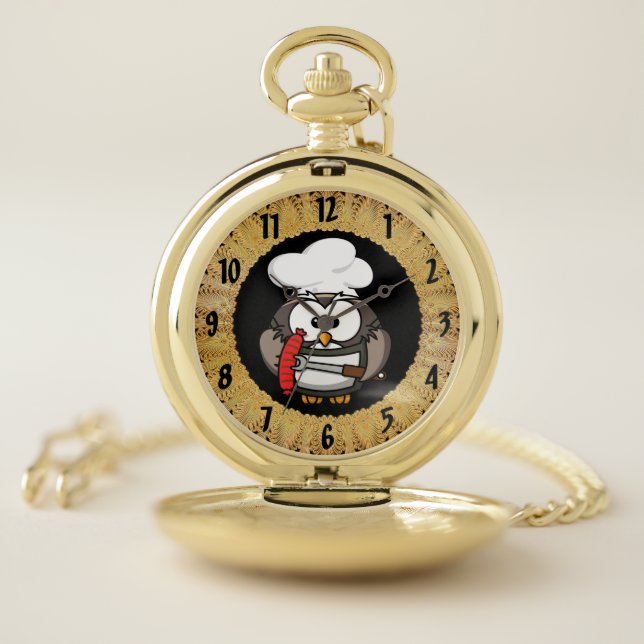 Great horn owl with BBQ in hand Pocket Watch (Inside)
