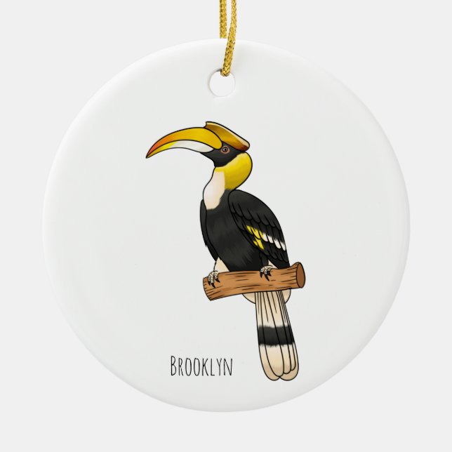 Great hornbill bird cartoon illustration  ceramic ornament (Front)