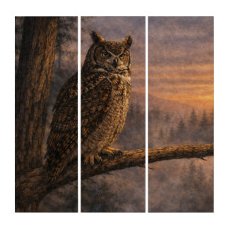 Great Horned Owl at Dusk – Triptych Wall Art