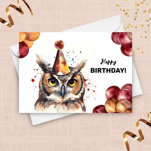 Great Horned Owl Balloons and Party Hat Birthday Card