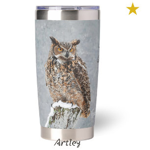 Great Horned Owl Bird Painting Custom Name Insulated Tumbler