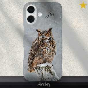 Great Horned Owl Bird Winter Painting Custom Name iPhone 16 Case
