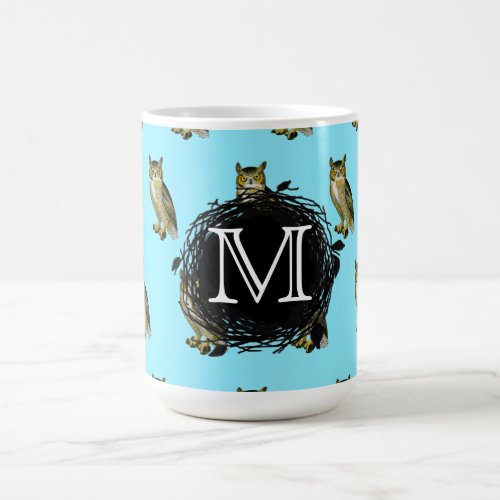 Great Horned Owl Blue Pattern Monogram Coffee Mug