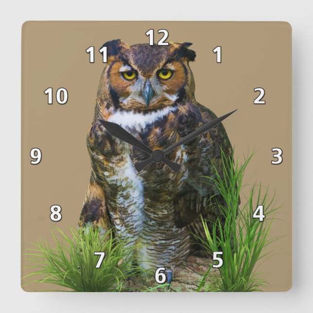 Great Horned Owl Customizable Square Wall Clock (Front)