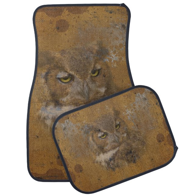 Great Horned Owl Faded on Old Wood Car Mat (Set)