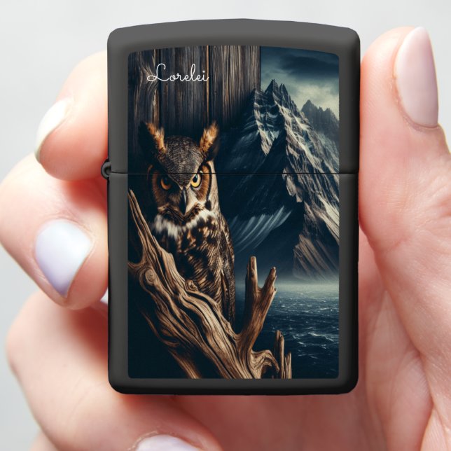 Great Horned Owl Feathered Mystery The Night's  Zippo Lighter (In Hand)