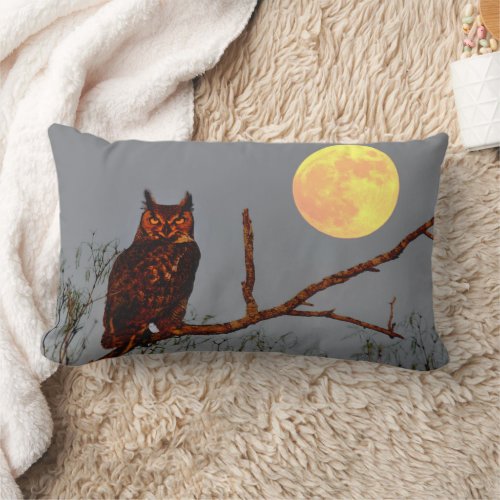 Great Horned Owl  Full Moon Lumbar Pillow
