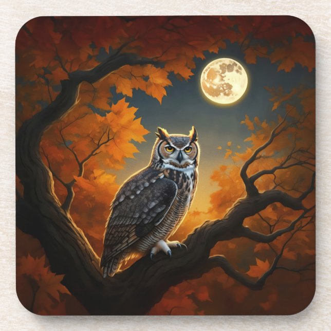 Great Horned Owl in Autumn Beverage Coaster (Front)