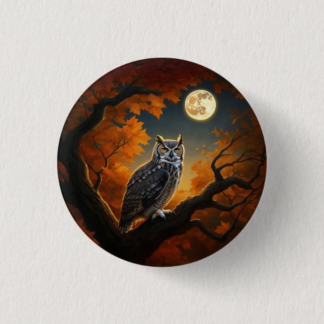 Great Horned Owl in Autumn Button (Front)