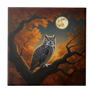 Great Horned Owl in Autumn Ceramic Tile