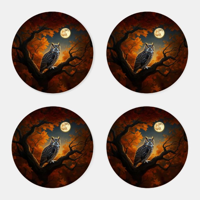 Great Horned Owl in Autumn Coaster Set (Set)