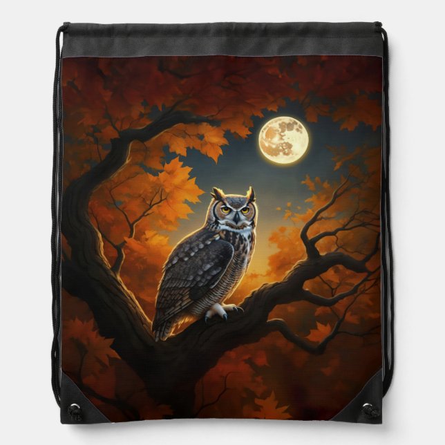 Great Horned Owl in Autumn Drawstring Bag (Front)