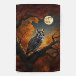 Great Horned Owl in Autumn Garden Flag