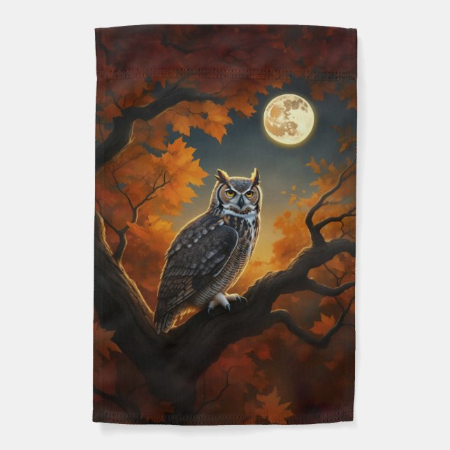 Great Horned Owl in Autumn Garden Flag (Front)