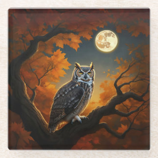 Great Horned Owl in Autumn Glass Coaster
