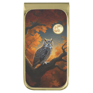 Great Horned Owl in Autumn Gold Finish Money Clip