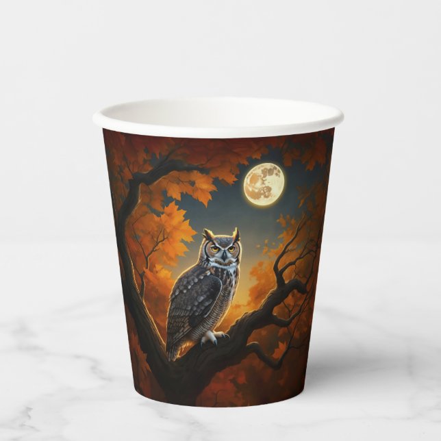 Great Horned Owl in Autumn Paper Cups (Front)