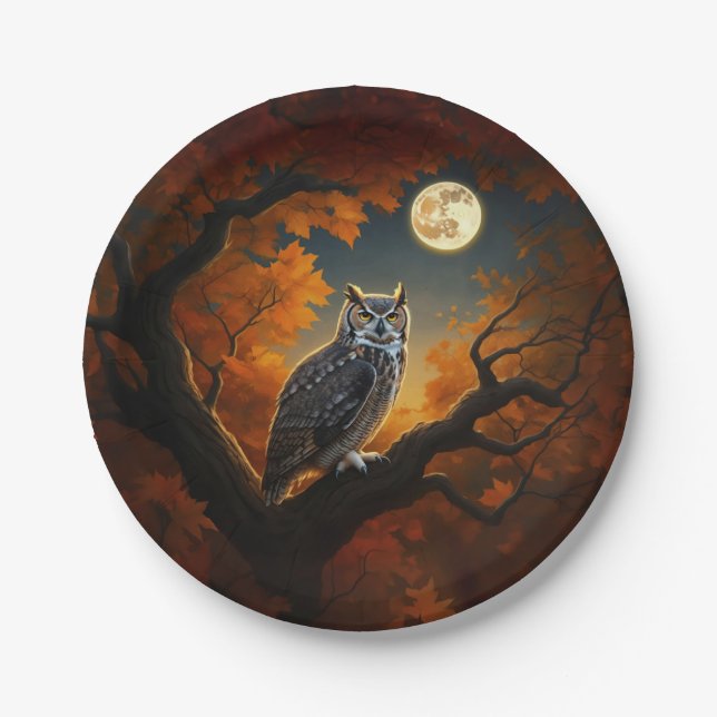 Great Horned Owl in Autumn Paper Plates (Front)