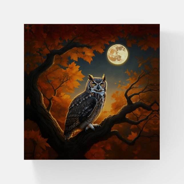 Great Horned Owl in Autumn Paperweight (Front)