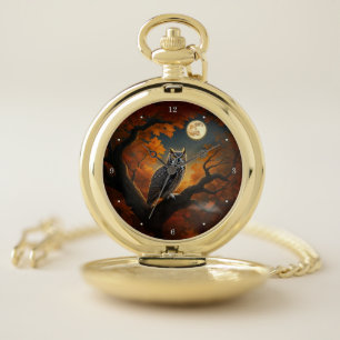 Great Horned Owl in Autumn Pocket Watch