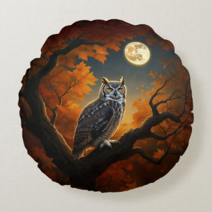 Great Horned Owl in Autumn Round Pillow