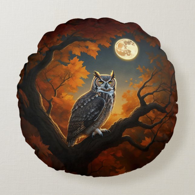 Great Horned Owl in Autumn Round Pillow (Front)
