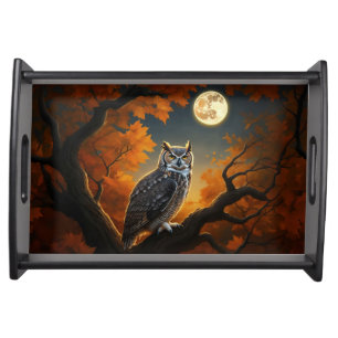 Great Horned Owl in Autumn Serving Tray