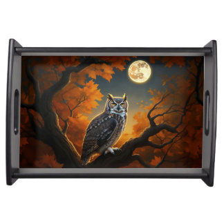 Great Horned Owl in Autumn Serving Tray