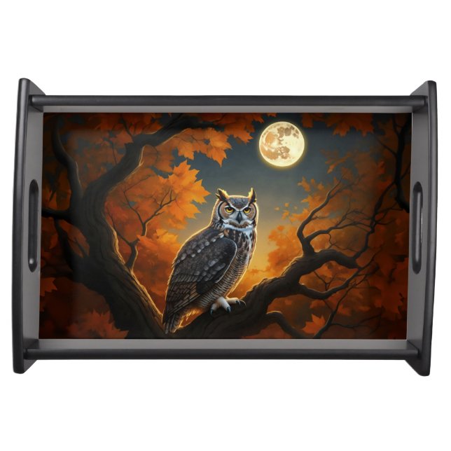 Great Horned Owl in Autumn Serving Tray (Front)