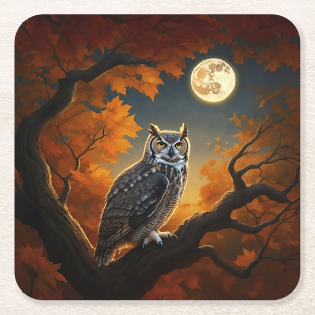 Great Horned Owl in Autumn Square Paper Coaster (Front)