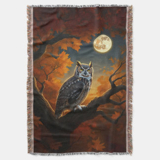Great Horned Owl in Autumn Throw Blanket