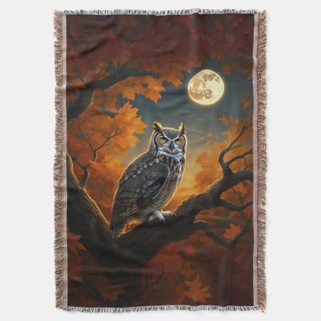 Great Horned Owl in Autumn Throw Blanket (Front Vertical)
