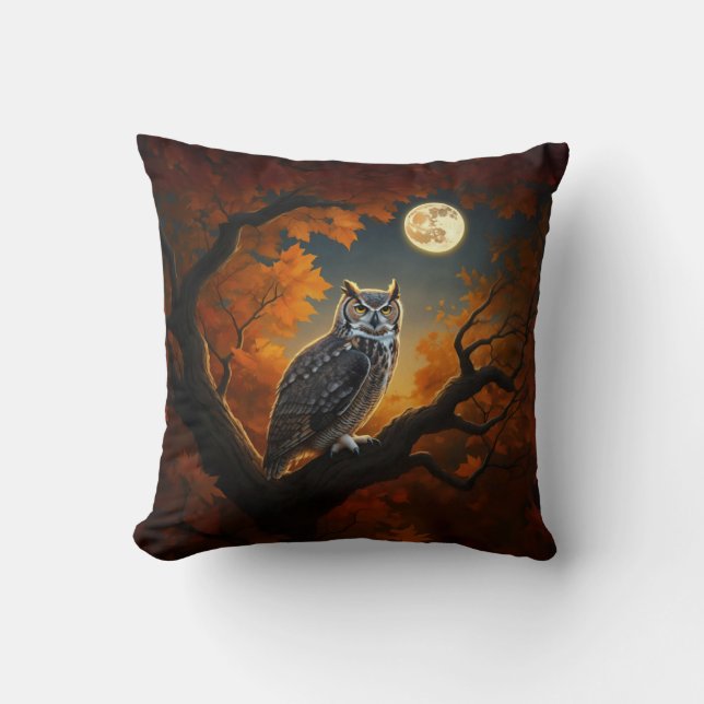 Great Horned Owl in Autumn Throw Pillow (Front)