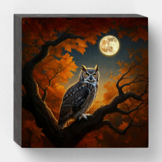 Great Horned Owl in Autumn Wooden Box Sign