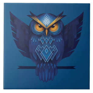 Great Horned Owl In Blue Ceramic Tile