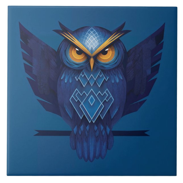 Great Horned Owl In Blue Ceramic Tile (Front)