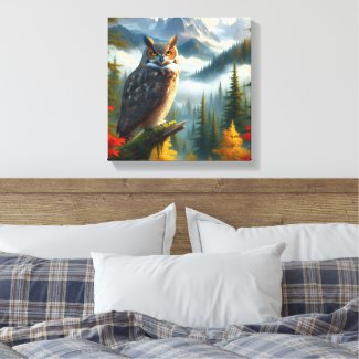 Great Horned Owl in Fall Season Watercolor  Canvas Print