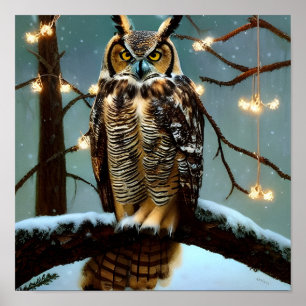 Great Horned Owl in Winter Digital Art Poster