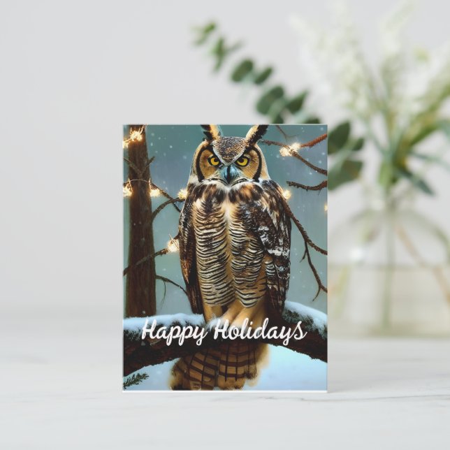 Great Horned Owl in Winter Holiday Postcard (Standing Front)