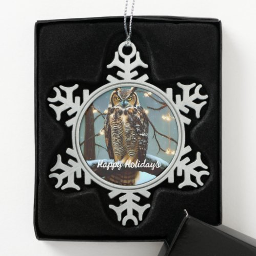 Great Horned Owl In Winter Snowflake Pewter Christmas Ornament