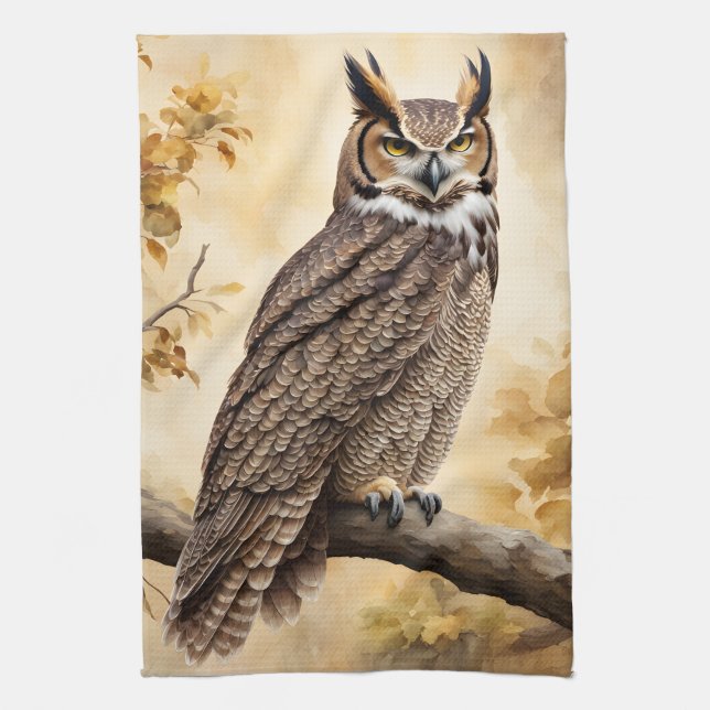 Great Horned Owl Kitchen Towel (Vertical)