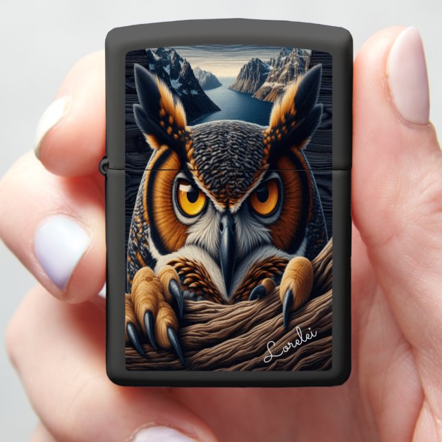 Great Horned Owl Mottled Shadow The Hidden Hunter Zippo Lighter (In Hand)