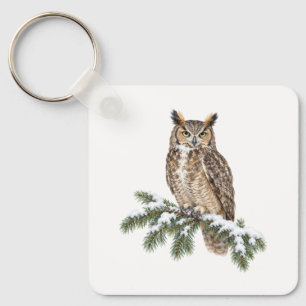 Great Horned Owl on a Snowy Spruce Keychain