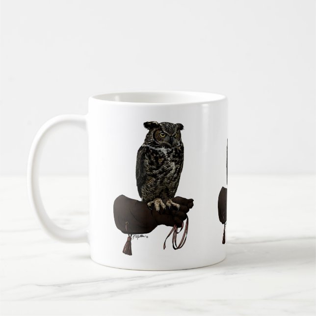 Great Horned Owl on Glove Coffee Mug (Left)