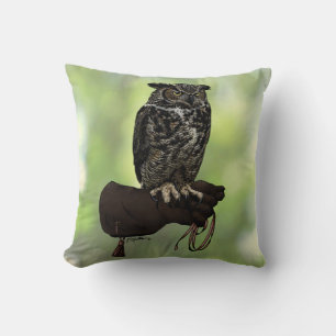 Great Horned Owl on Glove Throw Pillow