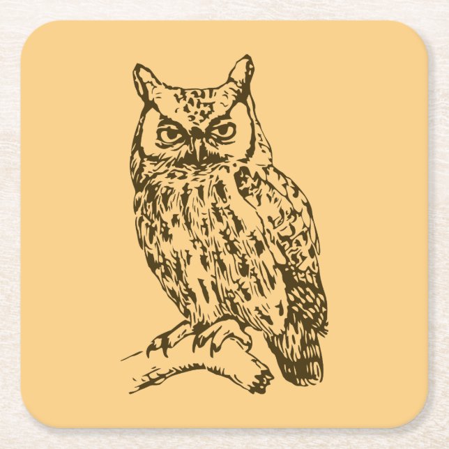 Great Horned Owl Peach Square Paper Coaster (Front)