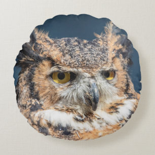 Great Horned Owl Portrait Round Pillow