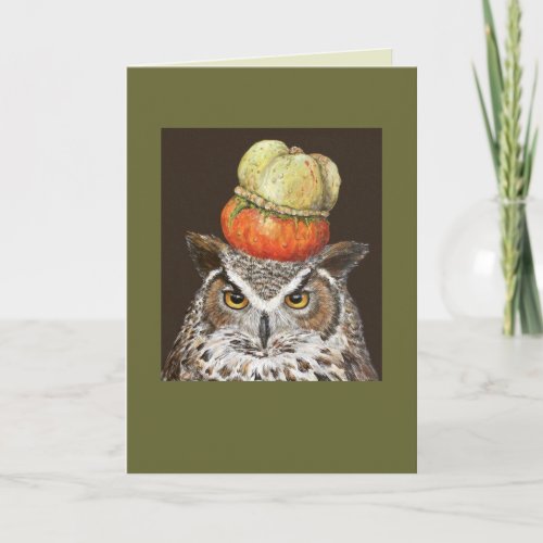 great horned owl with turban squash card