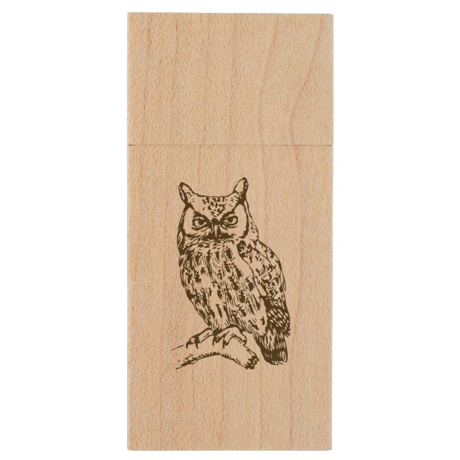 Great Horned Owl Wood USB Flash Drive (Back (Vertical))
